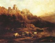 Herd of Cattle Resting on a Riverbank in Front of a Castle (mk22) Jenaro Perez Villaamil